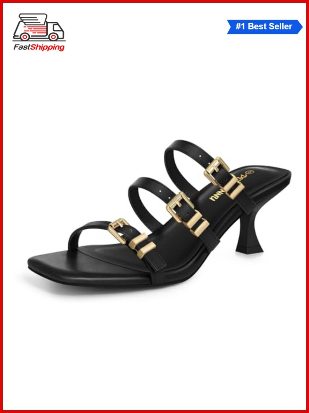 ✨ PIZZ ANNU Liora Kitten Heels Square Open Toe Slip-On Mules Three Buckle